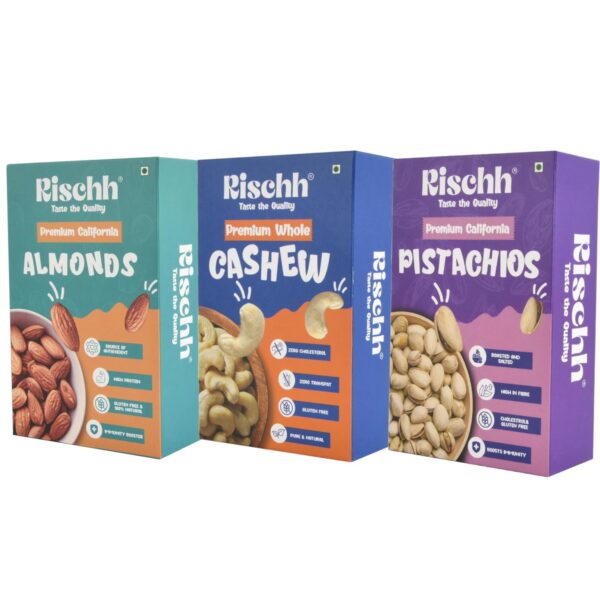 Rischh Premium Dry Fruit Combo Pack of 3 (250 gm each): Whole Cashews, California Almonds and Pistachios – High Protein, Flavorful & Crunchy, 100% Pure, Roasted & Oil-Free